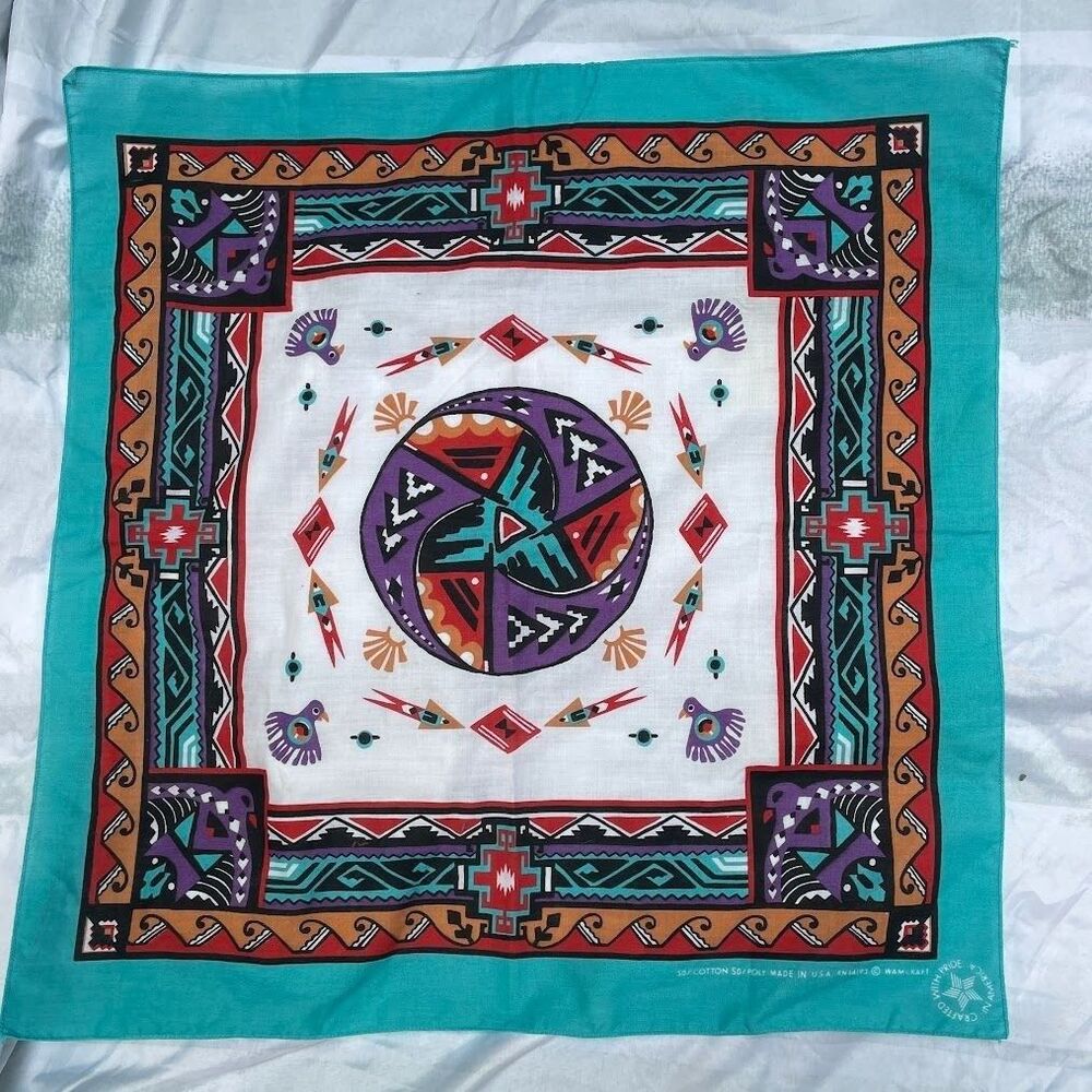 Vintage 80s WAMCRAFT SOUTHWESTERN Pottery Print 50/50 BANDANA rn 14193  nwot